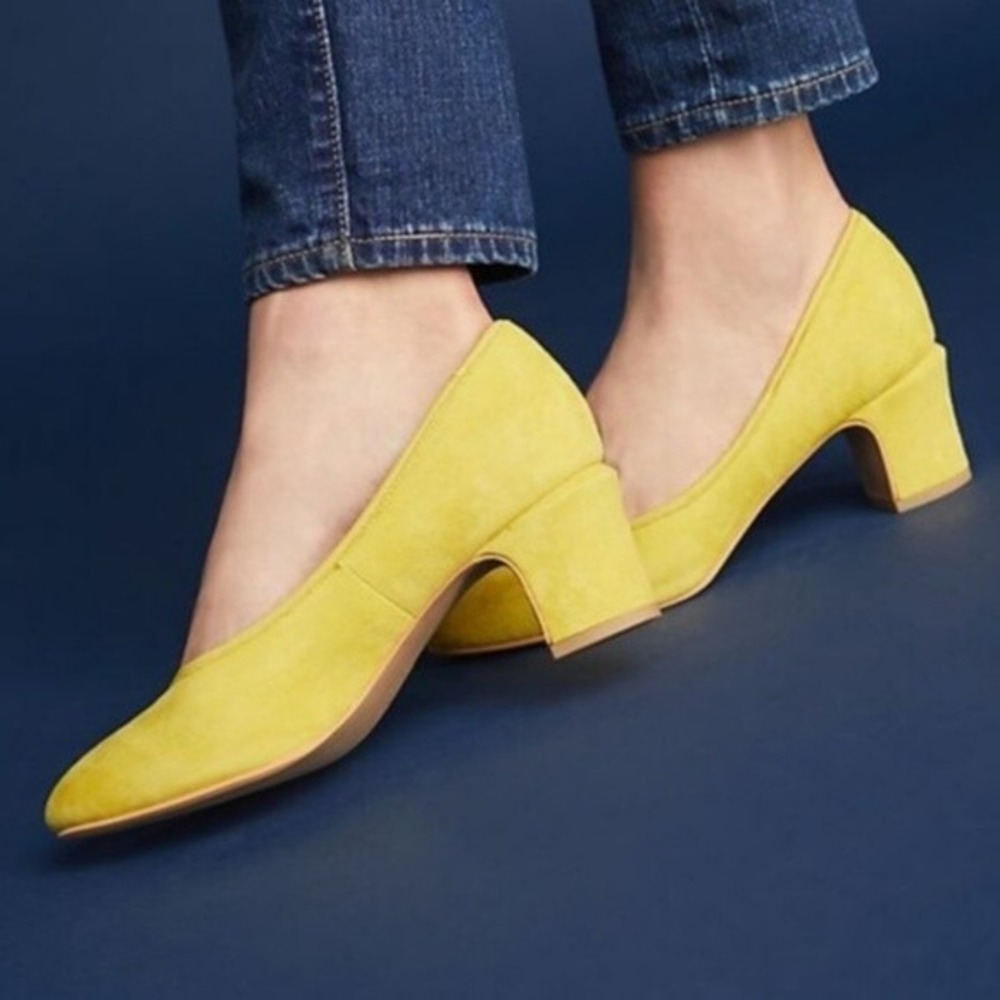 NIB NEW Anthropologie Liendo Seychelles Heels Yellow Suede Las Cruces Block